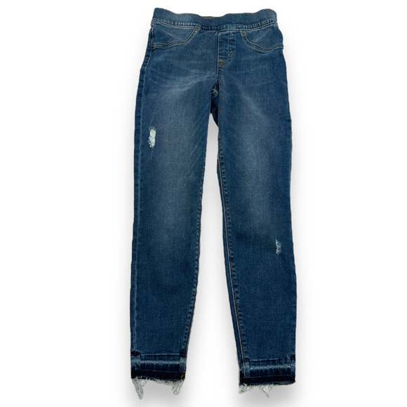 Spanx Tapered Jeans Womens XS Blue Distressed Frayed Hem Stretch Petites Pull On - Picture 1 of 8